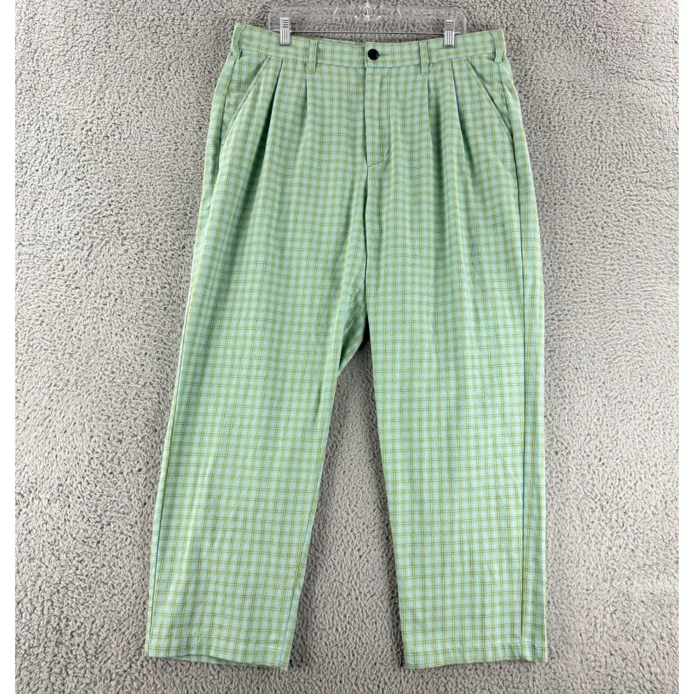 Obey Plaid Pleated Pants Mens 36 Green Blue Skate Streetwear Wide Leg Trousers